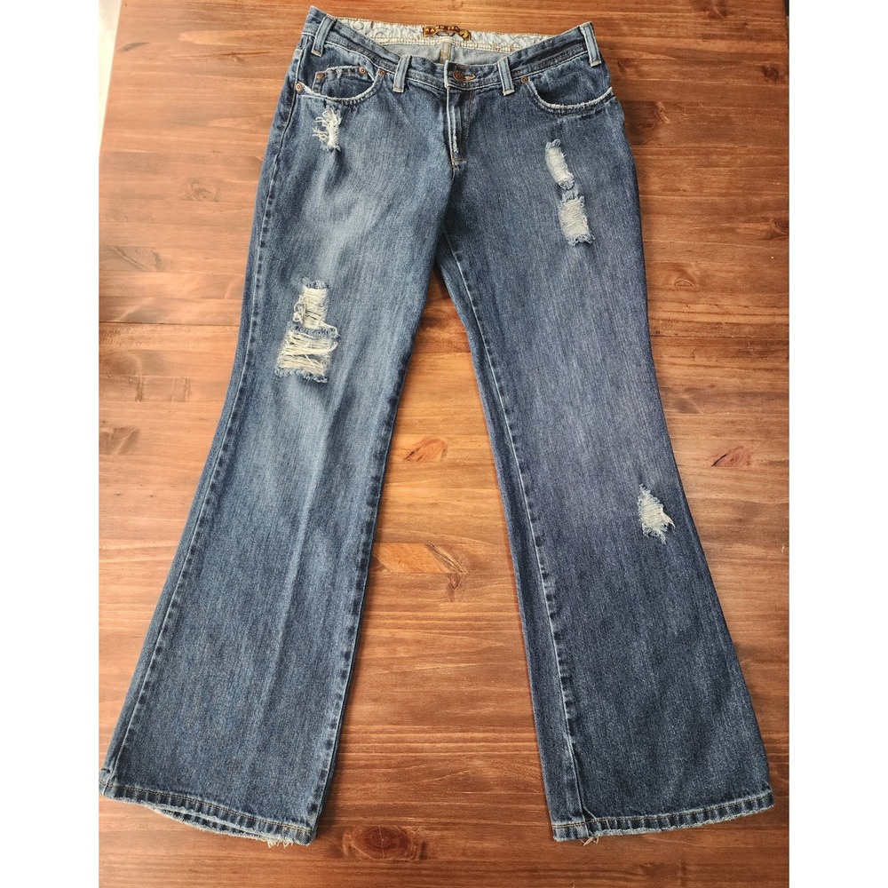 Hang Ten Y2K Beach Grunge Distressed Flare Jeans Skater Size 9 Blue Denim